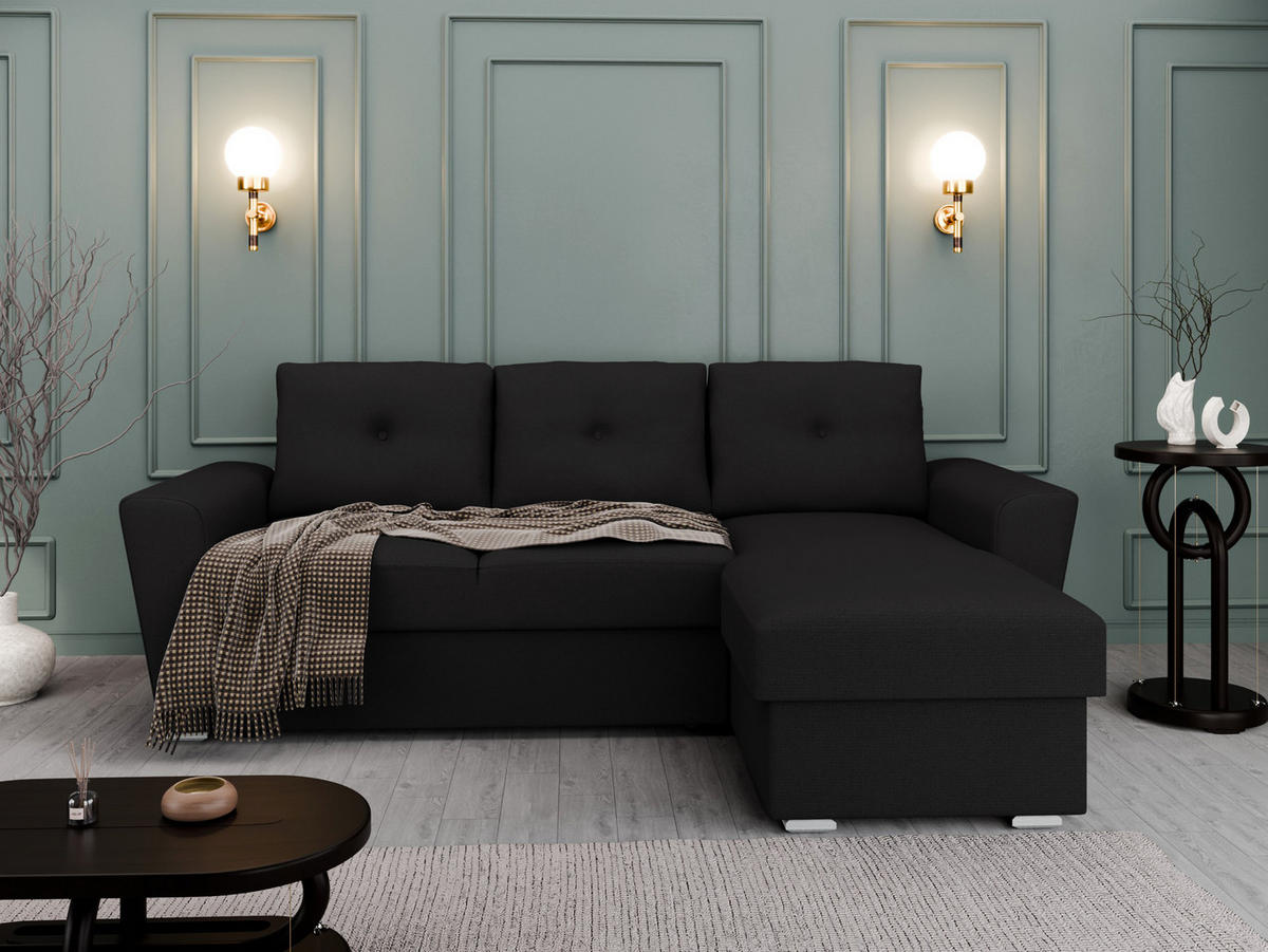 ECKSOFA Bellano Ecksofa L-Form - links oder rechts montierbar, schwarz - Schwarz, Holz (243/156cm) - Panda Möbel