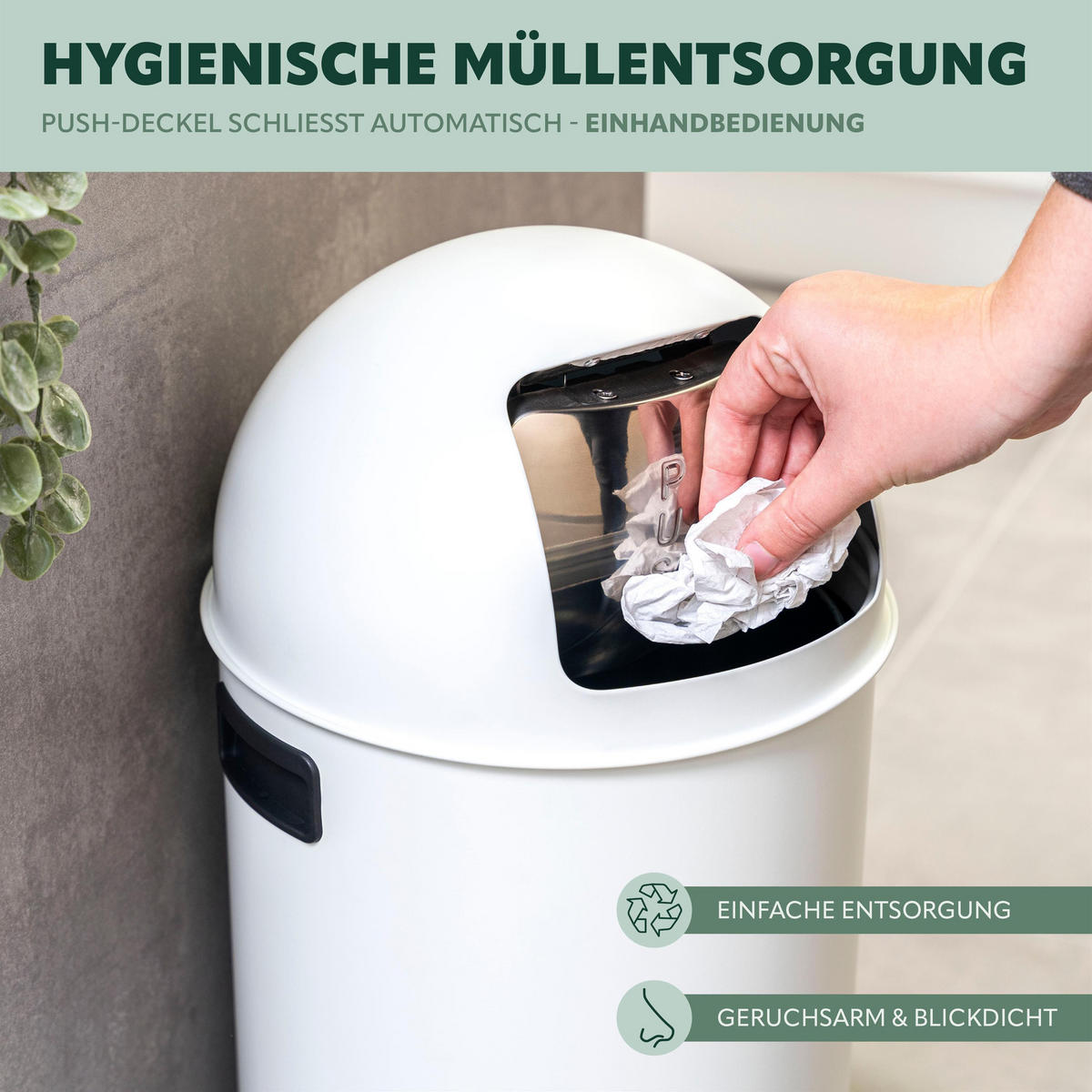 ABFALLEIMER Push-Deckel 25 L, weiß - Weiß, Metall (26.5/60.5/26.5cm) - eluno