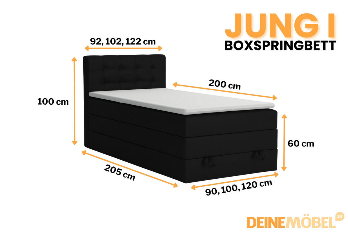BOXSPRINGBETT JUNG 1 90/200 Velours Schwarz mit Matratzen H3 + H4 - Schwarz, Holz/Holzwerkstoff (92/200cm) - Deine Möbel 24
