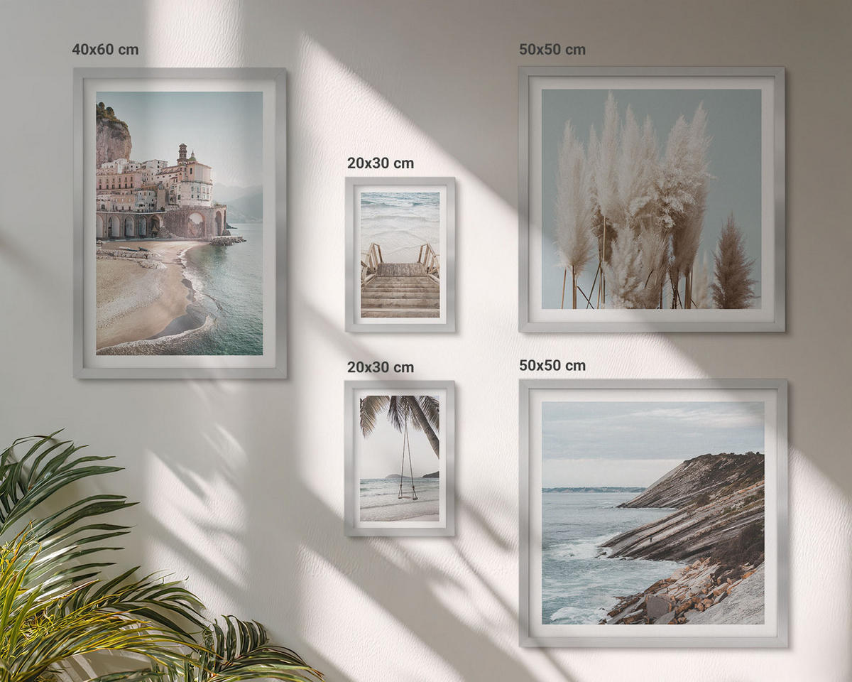 WANDBILDER 5er Set - 50x50 cm & 20x30 cm & 40x60 cm Silberner Rahmen - Abstrakte Muster beige weiß - Silberfarben, Kunststoff (40/60cm) - ArtPrintCave