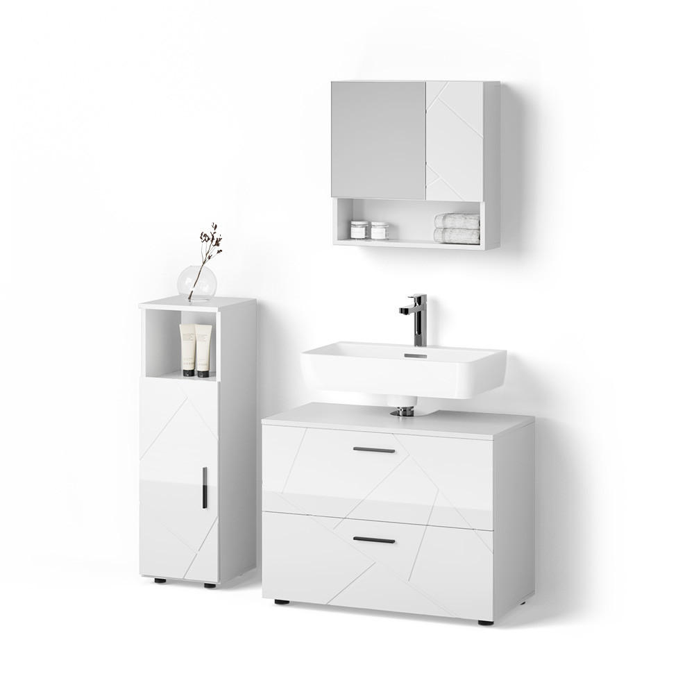 BADMÖBEL-SET Ronco Weiß Hochglanz 3 Teile, mit Midischrank - Weiß Hochglanz/Weiß, Holzwerkstoff (54/55/41cm) - Livinity®