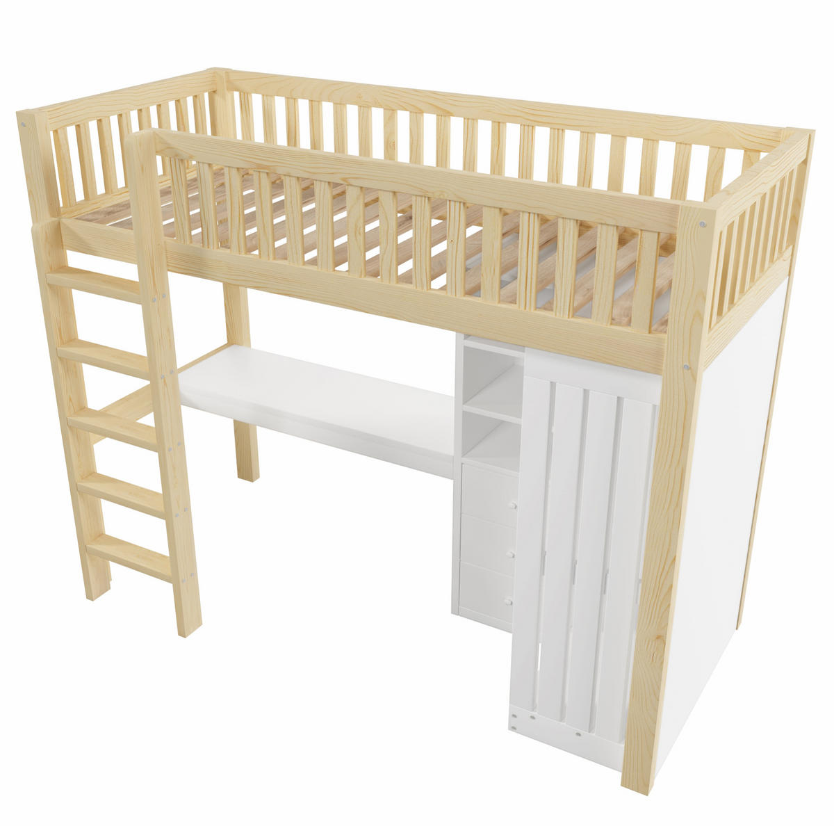 HOCHBETT 90/200 cm mit Schreibtisch, Kleiderschrank, 3 Schubladen und Treppe aus Kiefernholz, Natur - Naturfarben, Holz (90/200cm) - Redom