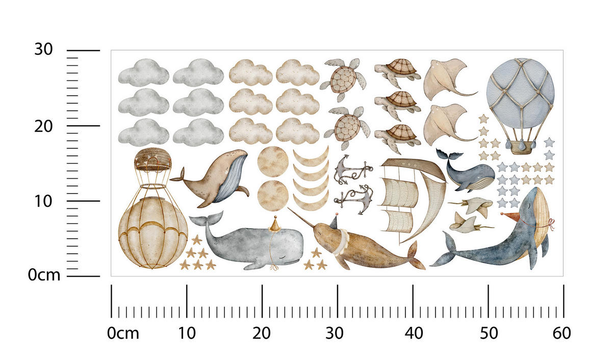 SADA NÁLEPIEK NA STENU Veľryby Korytnačky Oblaky Balóny Hviezdy 60 x 30 cm - hnedá/sivá, papier (60/30/1cm) - Muralo