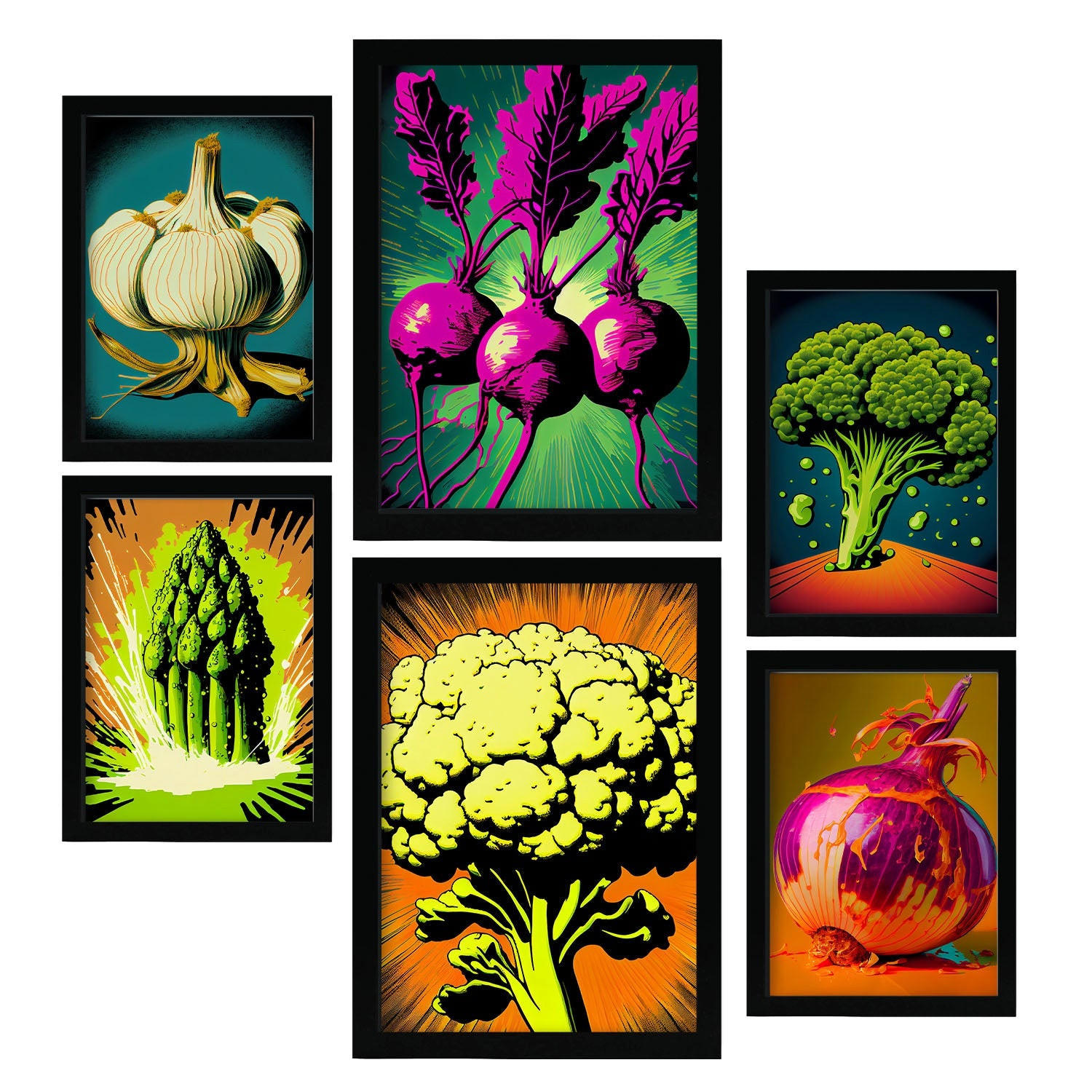 POSTER Set Mit 6 Kraftvolles Gemüse Vollfarbige Plakate Von Obst, Gemüse Und Gesunden Lebensmitteln Im Urban Art Stil A3 & A4 Rahmenlos - Klar, Papier (29/3cm) - Nacnic