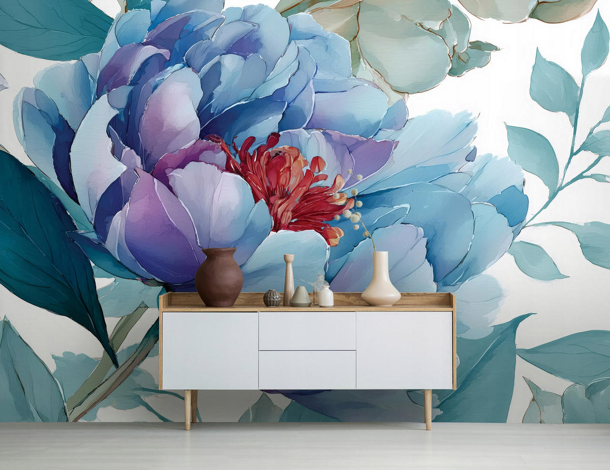 FOTOTAPETE Blumen Blätter Blau 250x175 cm - Multicolor, Papier (250/175cm) - Wallarena