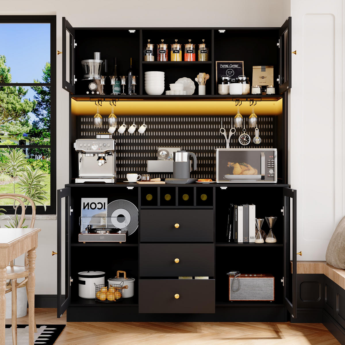 BUFFET 140/40/185,7 cm schwarz aus MDF und Glas mit LED-Beleuchtung - Schwarz, Holzwerkstoff (140/185.7/40cm) - OKWISH