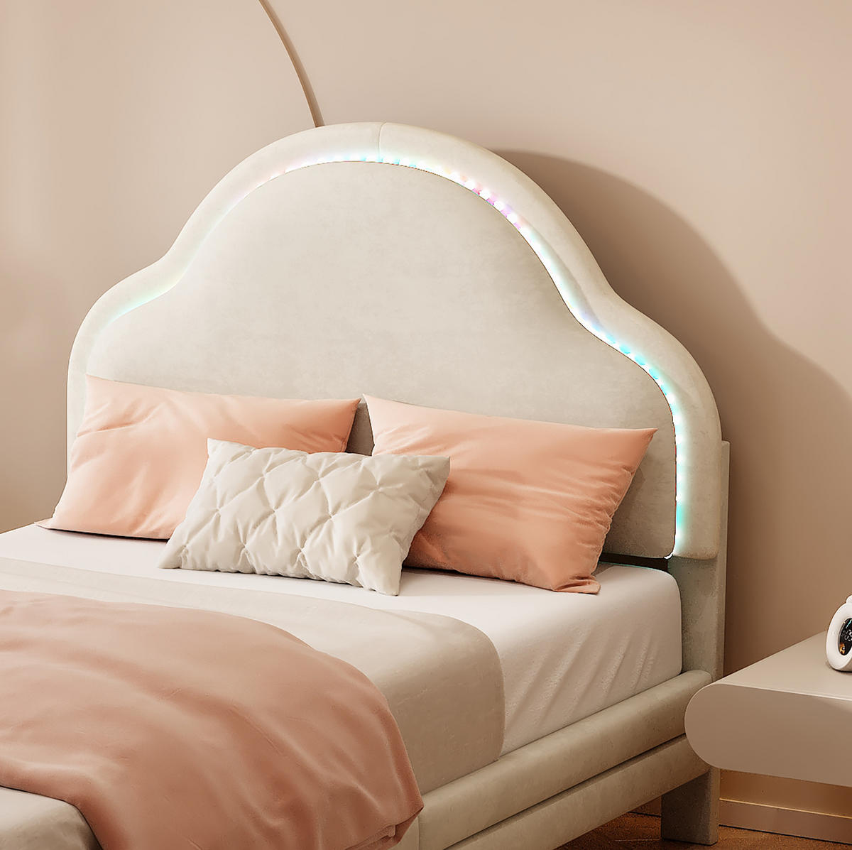 POLSTERBETT 90/200 cm Beige aus Samt mit LED-Streifen - Beige, Textil (90/200cm) - OKMYHOME