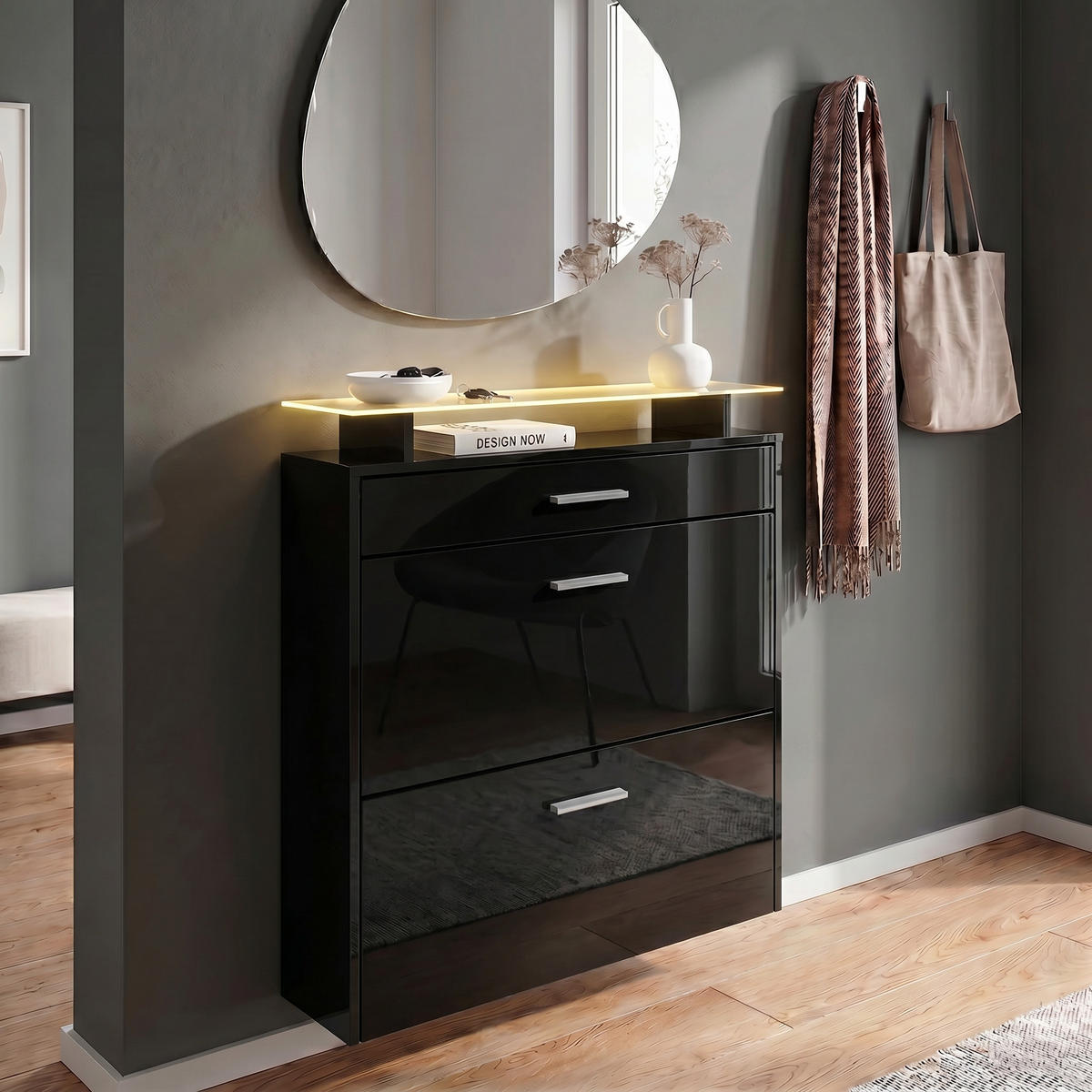 SCHUHSCHRANK Malea Fronten in Schwarz Hochglanz - Schwarz Hochglanz, Holzwerkstoff (89/96/23cm) - Vladon