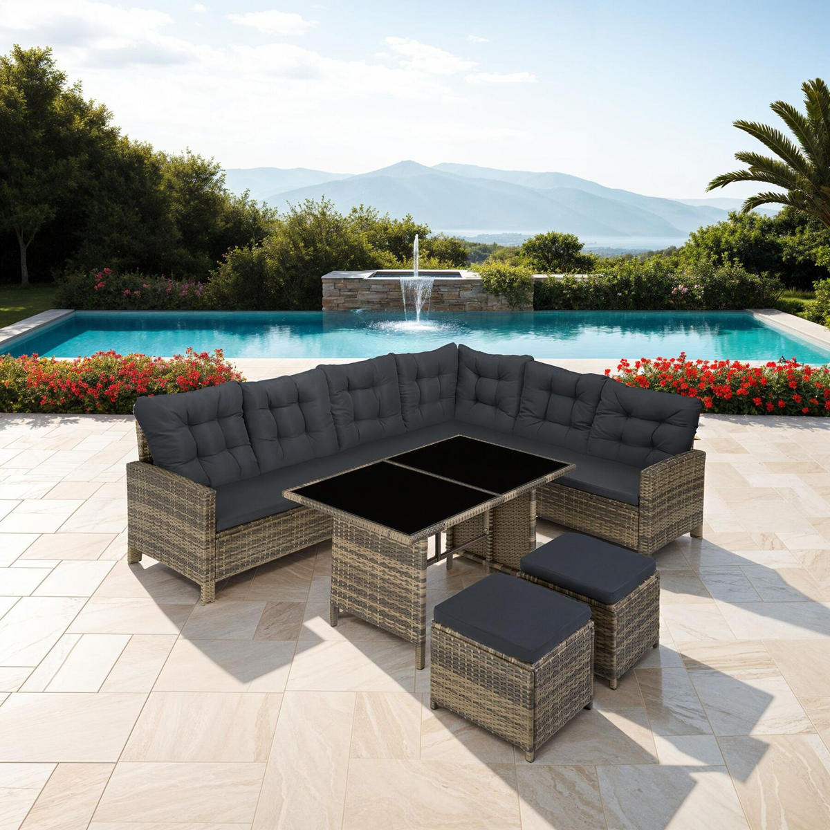 RATTANLOUNGE Barletta,mit Sicherheitsglasplatten,natur - Naturfarben, Kunststoff - tectake