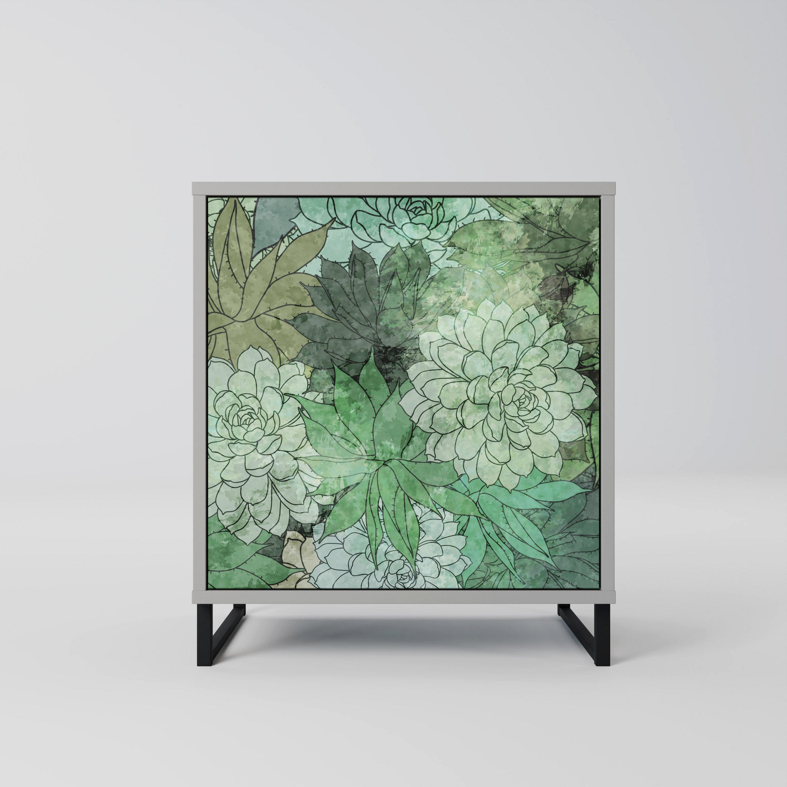 SIDEBOARD SUCCULENT CLUSTER, Grau, 57,5x42x67,5 cm, Schwarze Metall-Rahmenfüße - Multicolor/Schwarz, Holzwerkstoff/Metall (57.5/67.5/42cm) - SpaceRebels