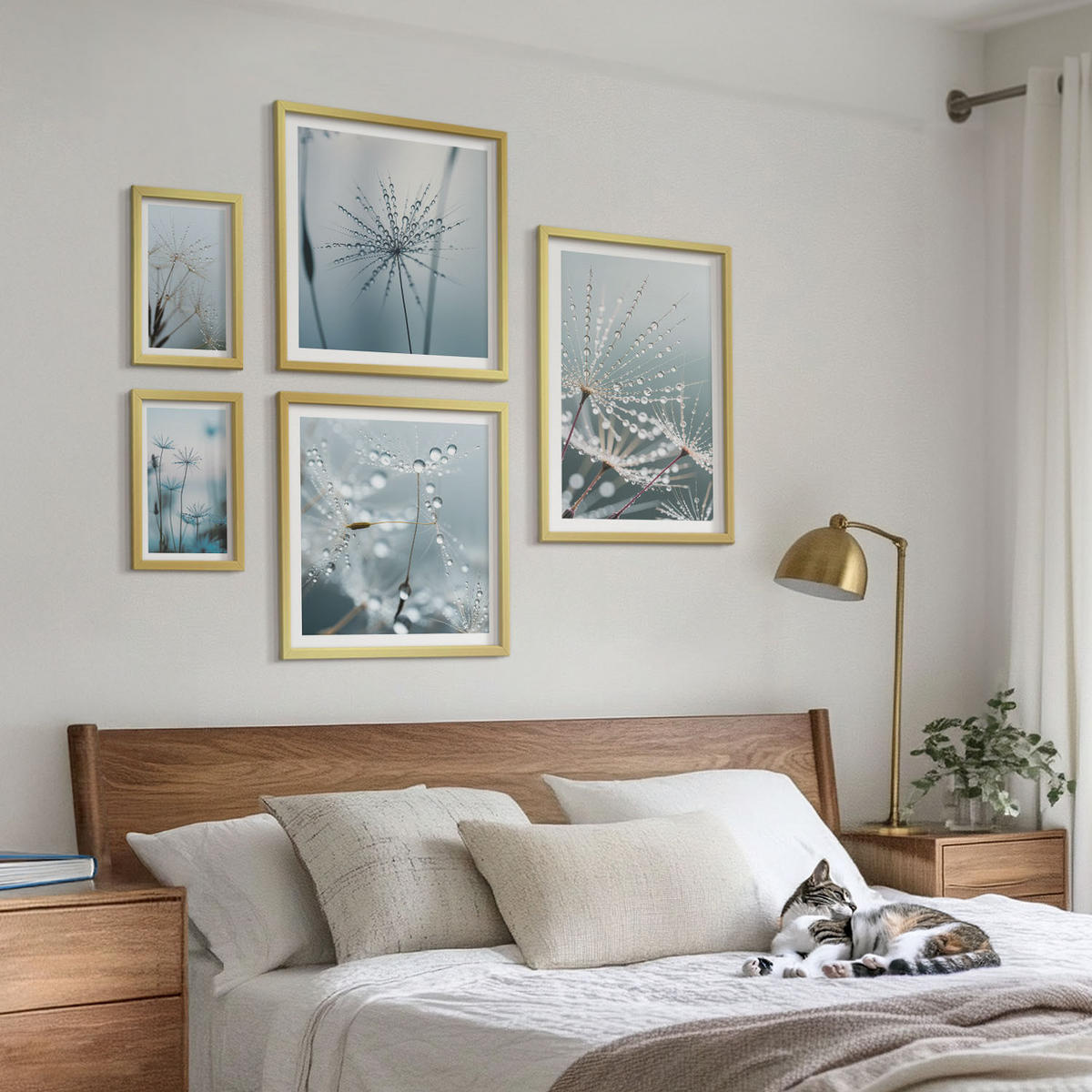 WANDBILDER 5er Set - 50x50 cm & 20x30 cm & 40x60 cm Goldrahmen - Tautropfen auf Löwenzahn - Goldfarben, Kunststoff (40/60cm) - ArtPrintCave