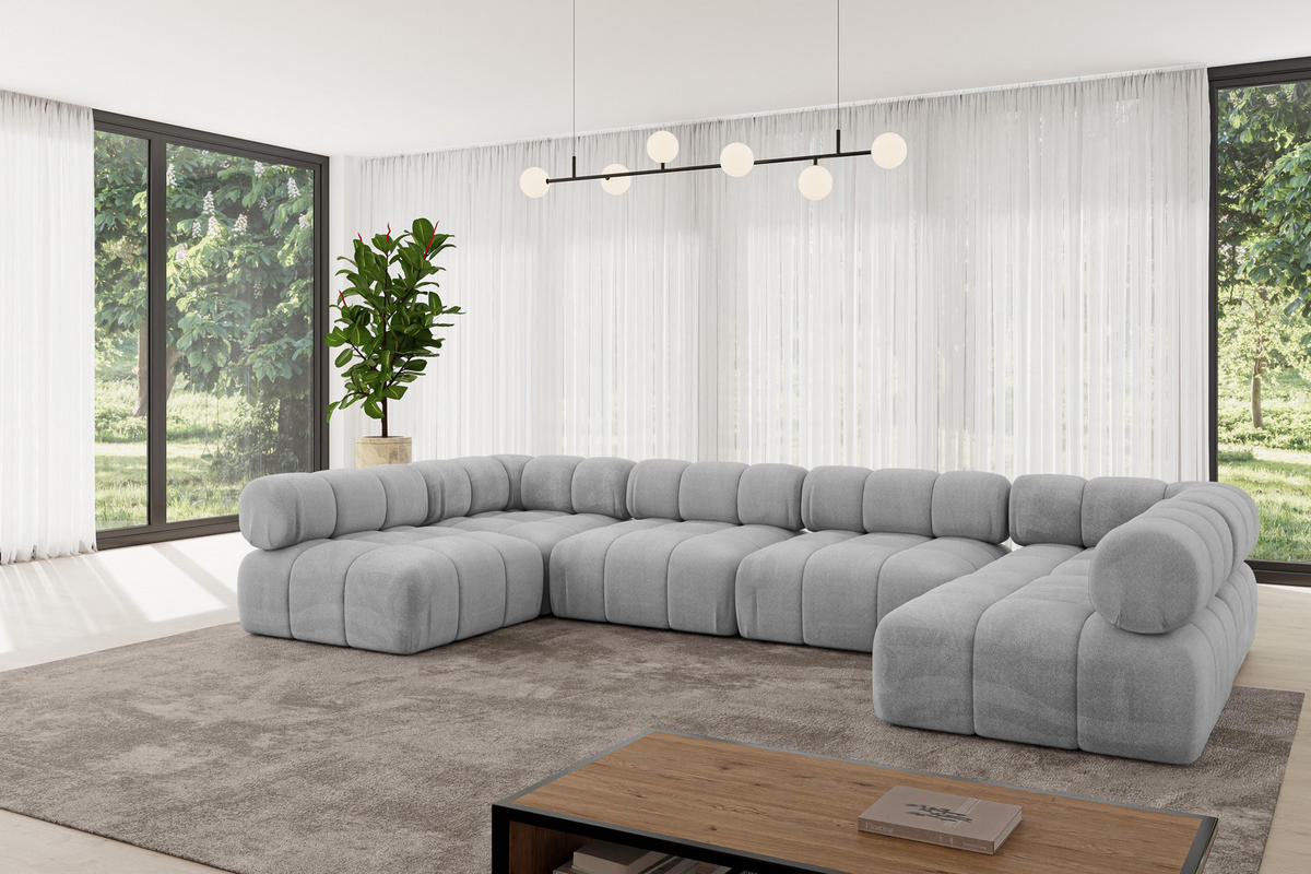 WOHNLANDSCHAFT modulares Sofa Garvo-U2 - 380x190x70 cm Hellgrau Velours - Hellgrau, Holzwerkstoff/Textil (380/70/190cm) - ALTDECOR