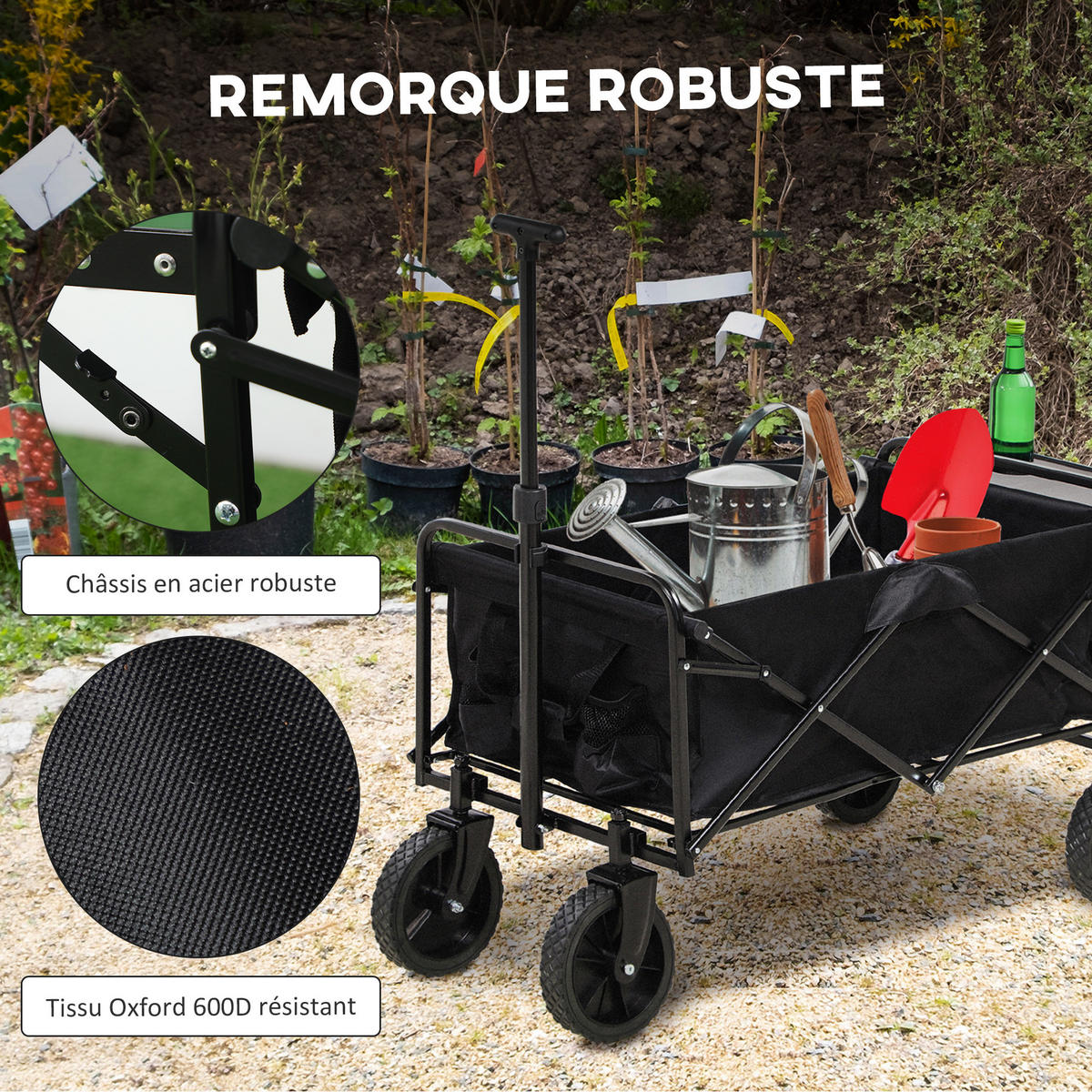GARTENWAGEN DE-18769 4 Räder, Teleskopgriff & klappbare Ablage Schwarz - Schwarz, Metall (51/100/117cm) - ComfortXL