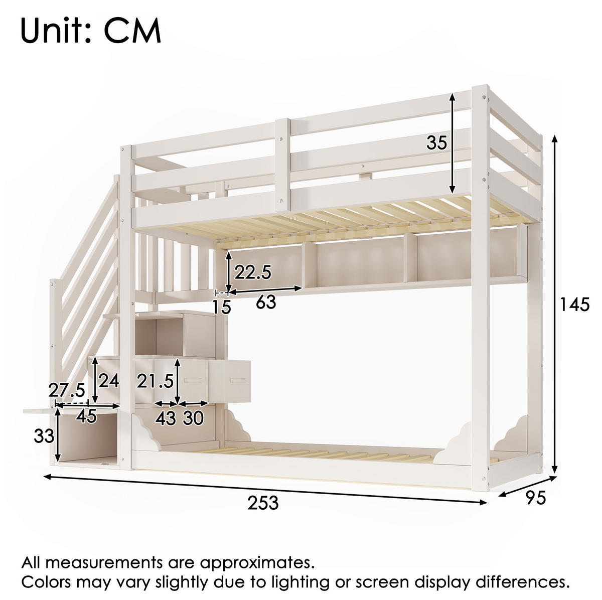 ETAGENBETT 90/200 cm aus Holz mit Treppenschrank, Stauraum und Sicherheitsgeländer, Weiß - Weiß, Holzwerkstoff (90/200cm) - Redom