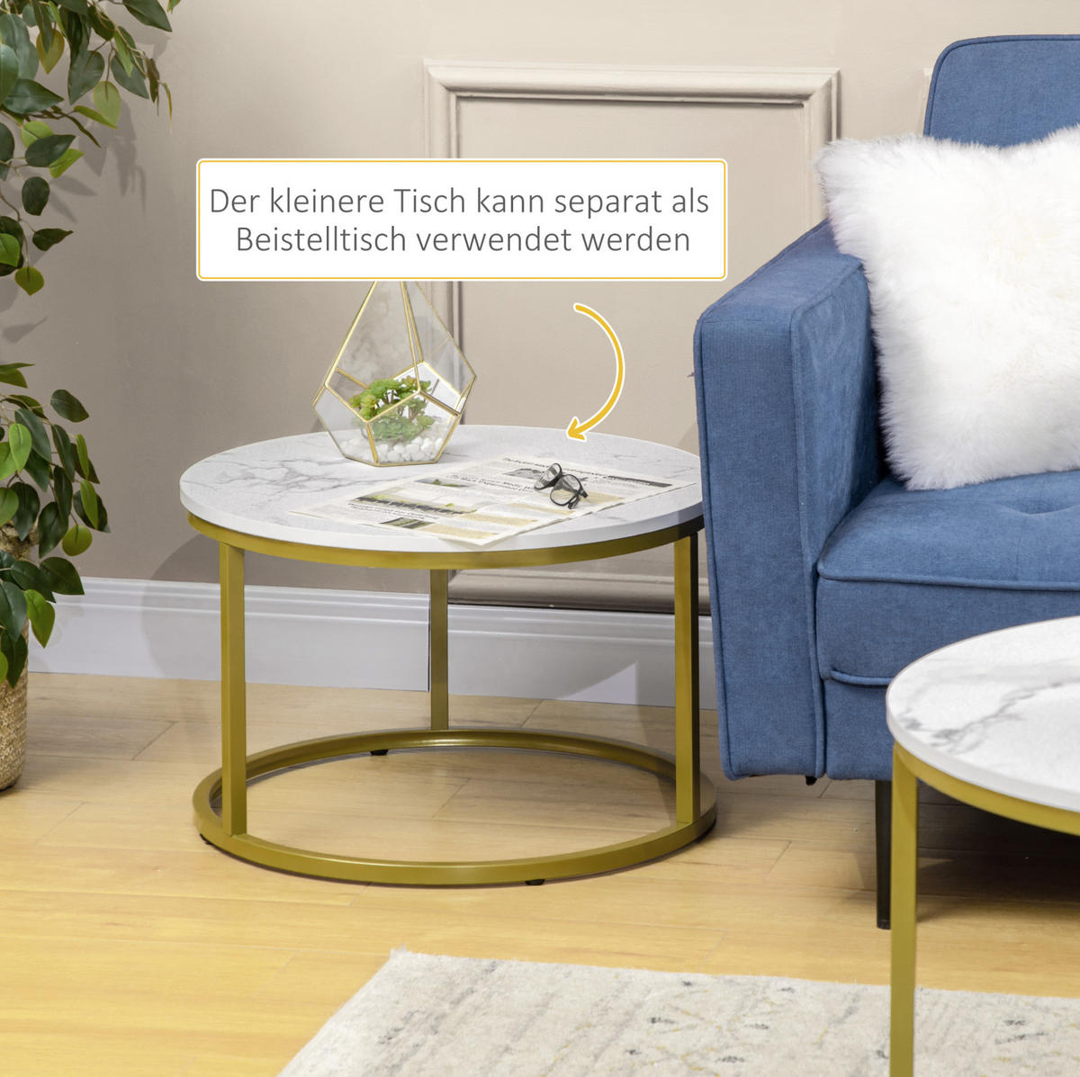 COUCHTISCH aus Stahl Ø74/59x46,3/38,5 cm in Weiß mit Marmoroptik - Weiß, Metall (74/74/46.3cm) - Modfu