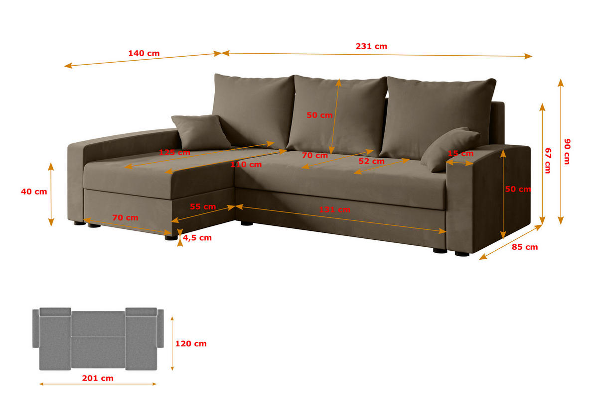 ECKSOFA mit Schlaffunktion und Bettkasten ALESIA-L 231x140x90 cm Braun Velours - Silberfarben/Braun, Holzwerkstoff/Kunststoff (231/140cm) - ALTDECOR