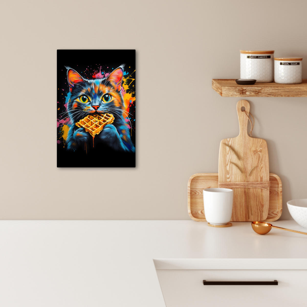 LEINWANDBILD Katze - Graffiti - Bunt - Waffel - Essen 20x30 cm - Türkis, Textil (20/30cm) - MuchoWow