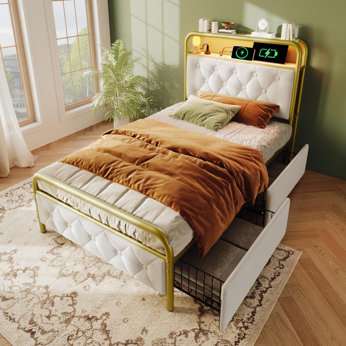 POLSTERBETT 90/200 cm mit LED, Schubladen & Ladefunktion, Samtbezug Weiß - Weiß, Textil (90/200cm) - Redom