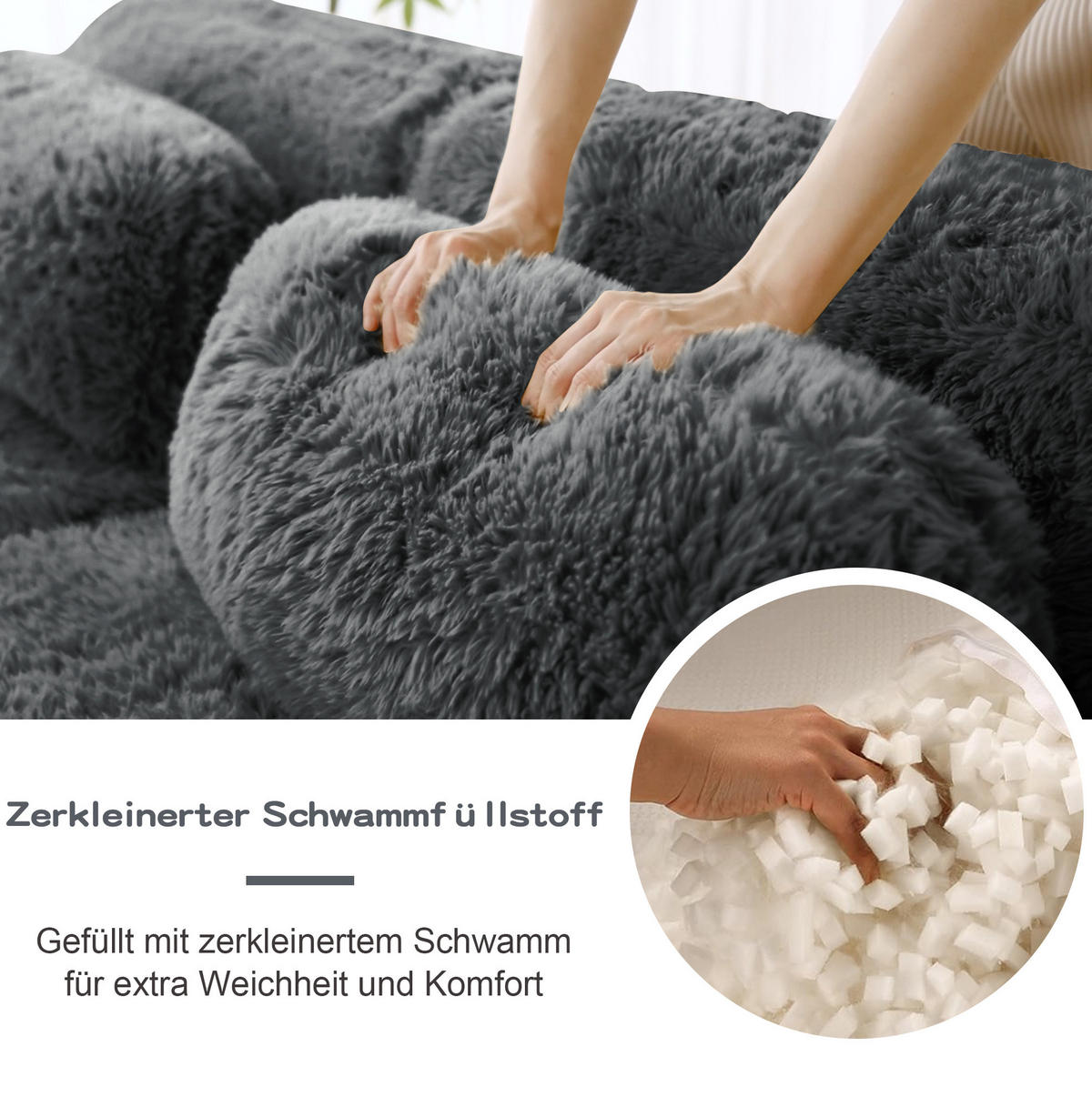 SOFA 204/179/73 cm in Grau aus Plüsch, modular und montagefrei - Grau, Textil (179/73/204cm) - Flora Grace