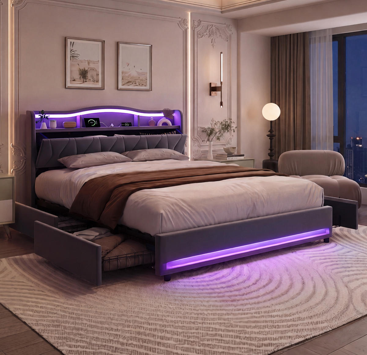 POLSTERBETT 140/200 cm Grau,Bett mit Stauraum, LED-Beleuchtung&USB und Type-C - Grau, Holz/Metall (140/200cm) - FURNISHINGS HOME