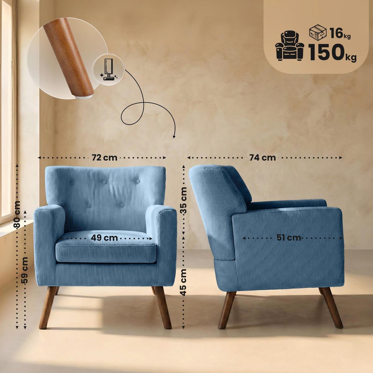 SESSEL Cord Blau - Blau/Braun, Holz/Textil (72/80/74cm) - CLP