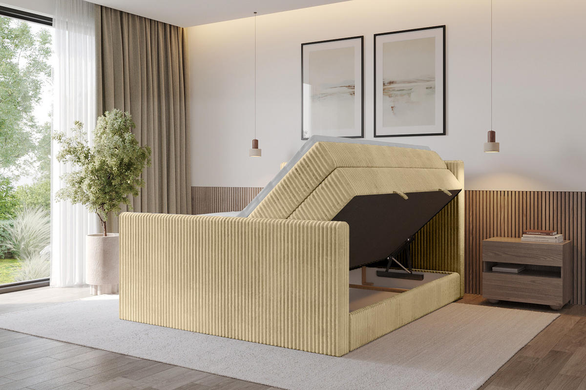 BOXSPRINGBETT mit Matratze H3|H4 und Lattenrost - TOLO-Z KING 160x200 Cord - Ecru - Ecru, Holzwerkstoff (160/200cm) - ALTDECOR