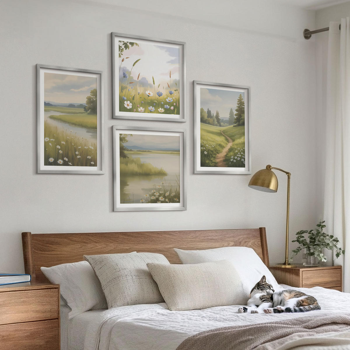 BILDER SET 4er Set - 50x50 cm & 40x60 cm Silberner Rahmen - Frühlingslandschaft Flusswiese - Silberfarben, Kunststoff (50/50cm) - TULUP