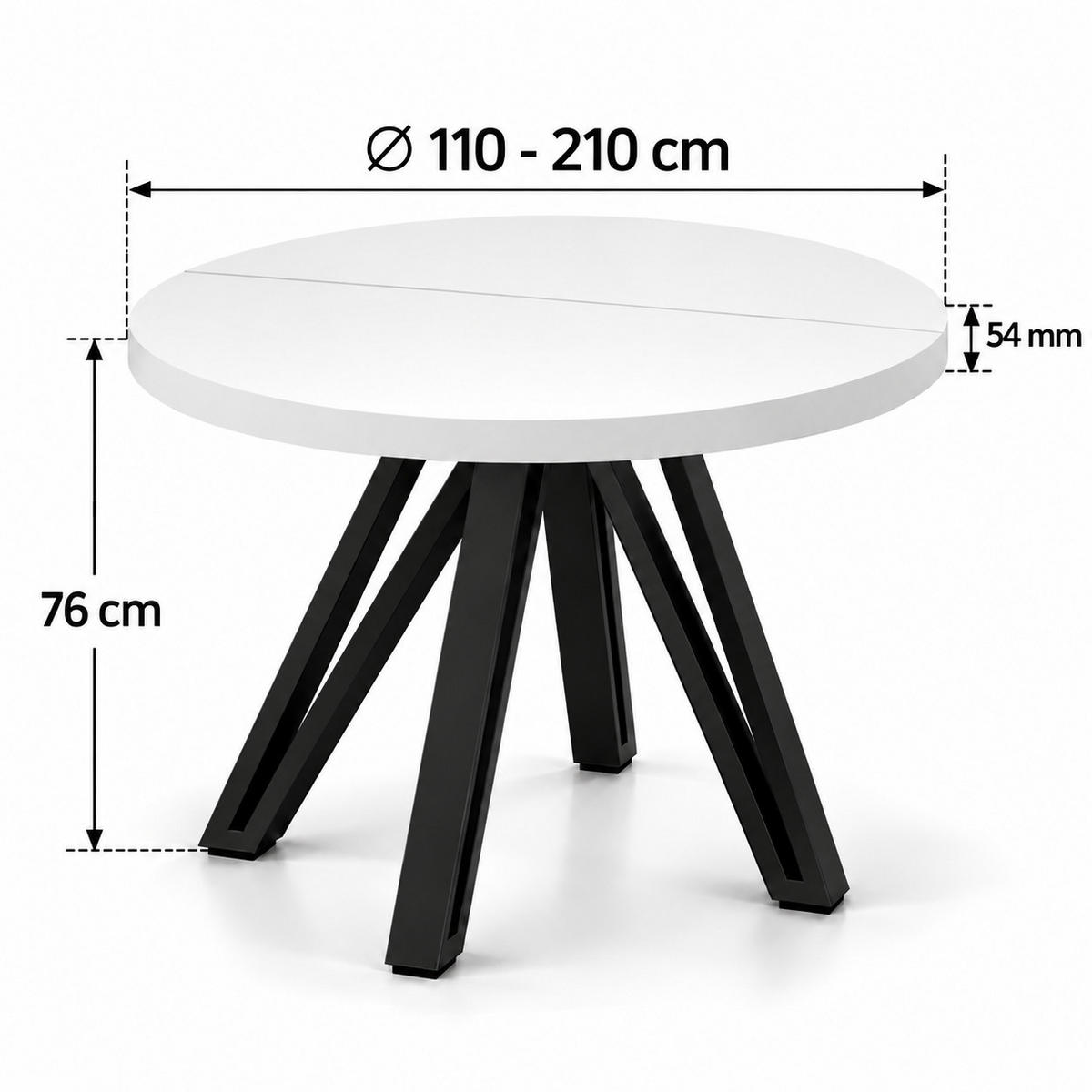 ESSTISCH rund ausziehbar 110/210/76 cm, Weiß, 54 cm Tischplatte + Industrial Metallgestell Schwarz - Schwarz/Weiß, Holzwerkstoff/Metall (110/210/76cm) - Damale Möbel
