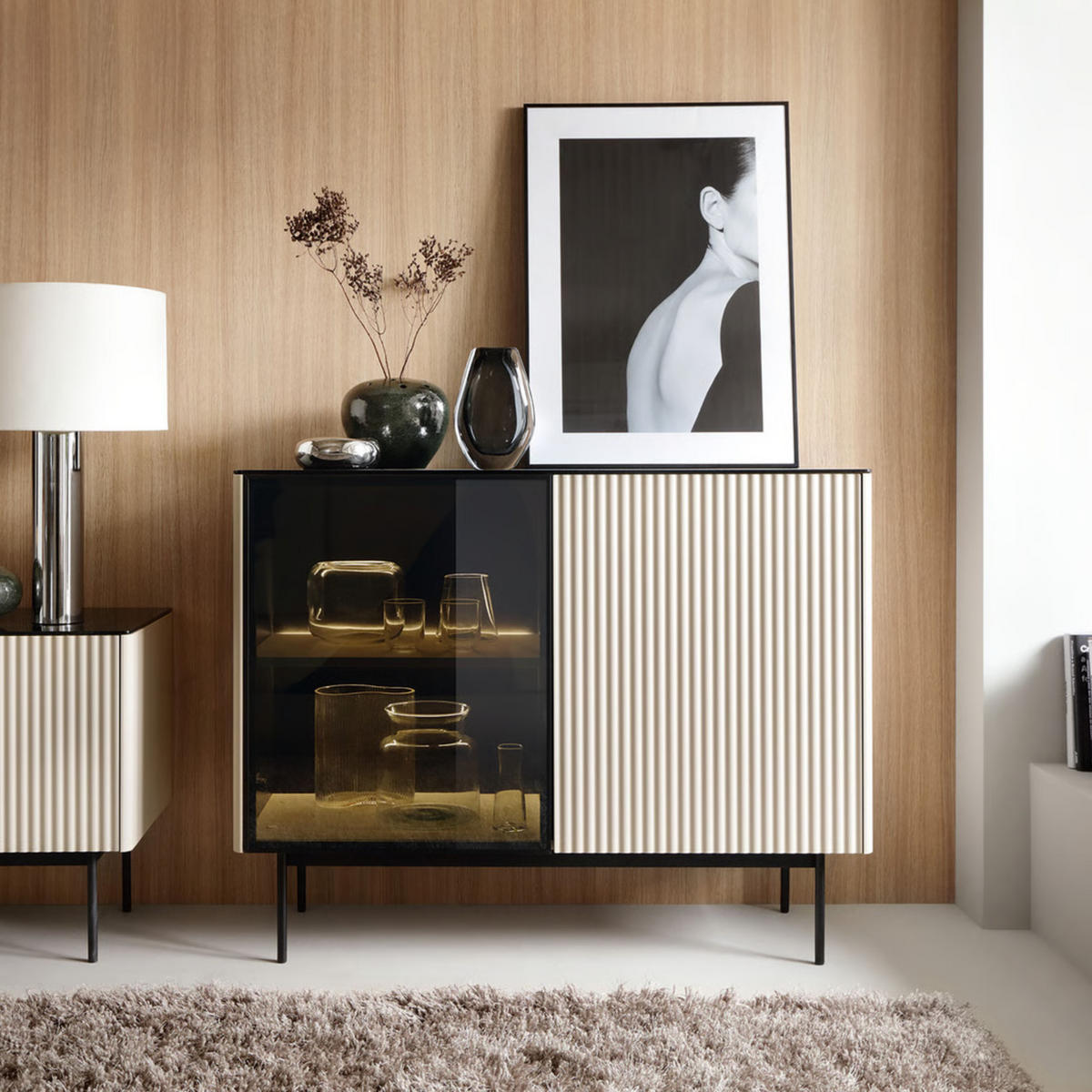 SIDEBOARD DIJON K107 107 cm (Kaschmir, Glasplatte, Antisol-Glas, LED) - Kaschmir/Schwarz, Glas/Holz (107/84/39cm) - Ravio