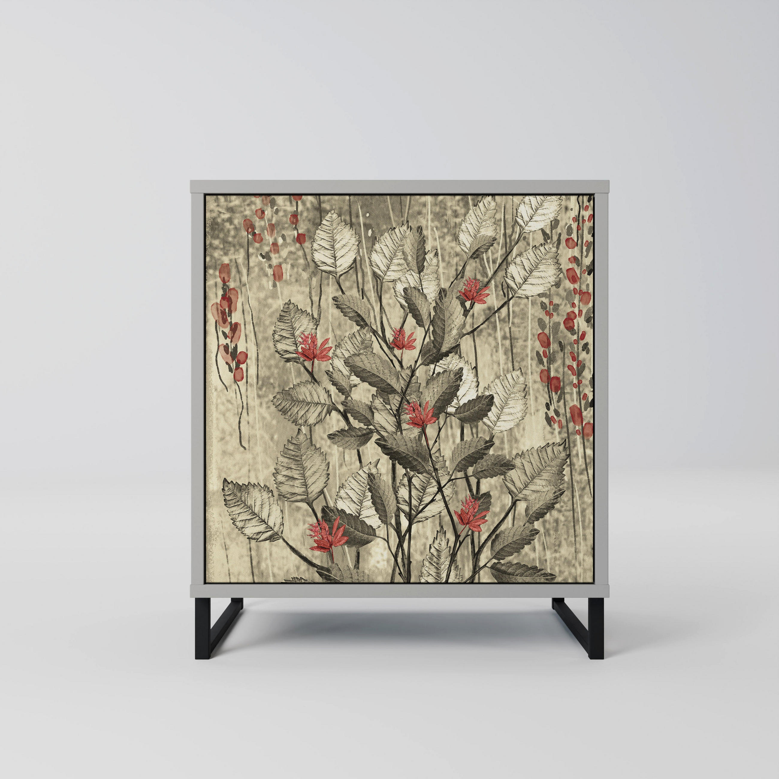 SIDEBOARD HERBAL GRACE, Grau, 57,5x42x67,5 cm, Schwarze Metall-Rahmenfüße - Multicolor/Schwarz, Holzwerkstoff/Metall (57.5/67.5/42cm) - SpaceRebels