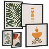 BILDER SET 5er Set - 50x50 cm & 20x30 cm & 40x60 cm Schwarzer Rahmen - Abstrakte Blattformen - Schwarz, Kunststoff (40/60cm) - TULUP
