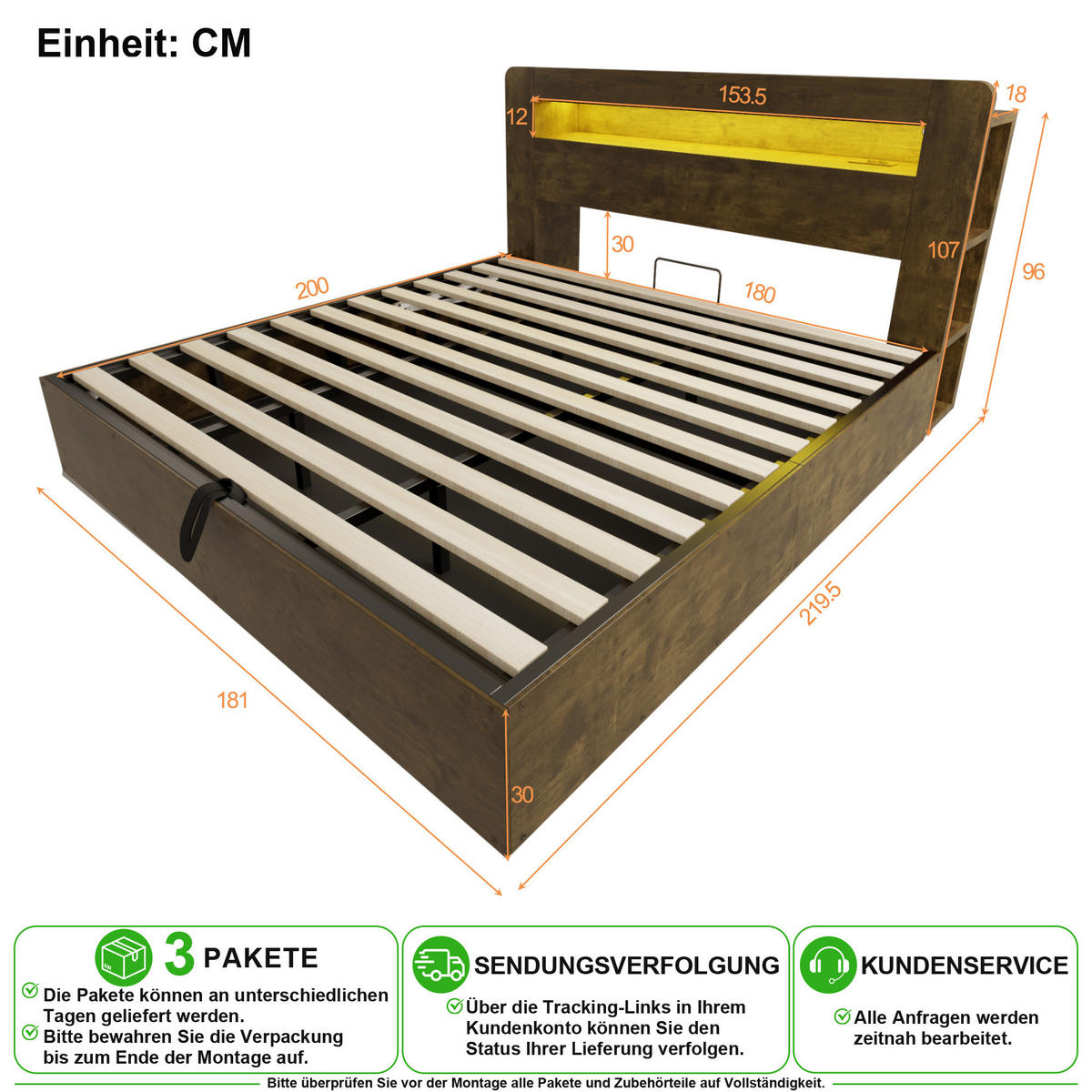 BETT 180/200 cm in Holz mit Bettkasten, LED und Steckdosen - Eichefarben, Holz/Holzwerkstoff (180/200cm) - CHICFURN