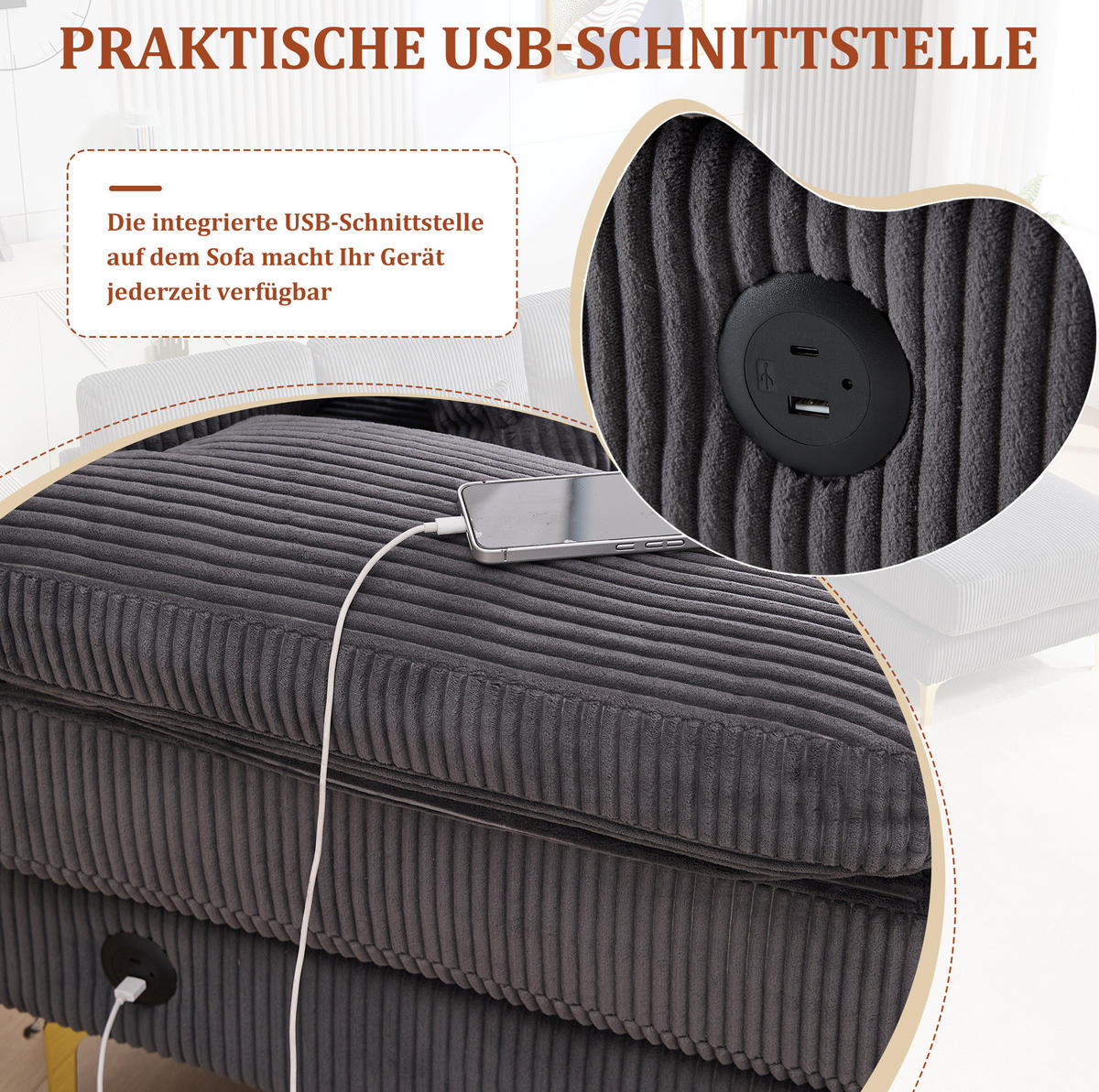 WOHNLANDSCHAFT 265/135/88 cm in Grau mit LED-Beleuchtung und USB-Anschluss - Grau, Textil (135/88/265cm) - Flora Grace
