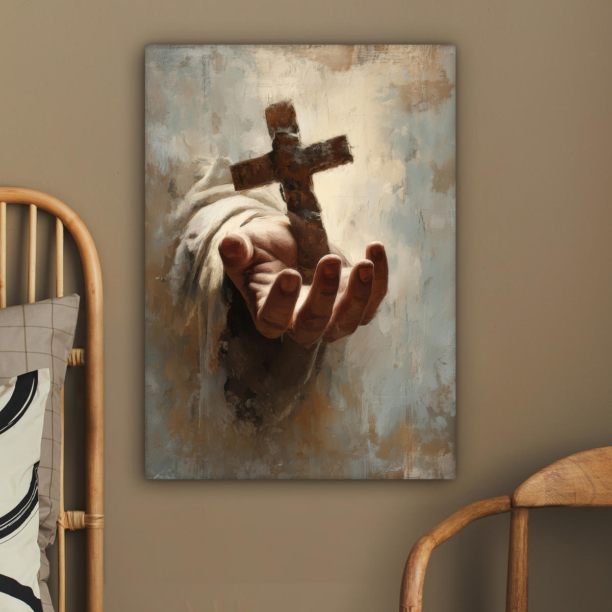 LEINWANDBILD Abstrakt - Kreuz - Hand - Christentum Wandbild Wohnzimmer 60x80 cm - Hellbraun, Textil (60/80cm) - MuchoWow