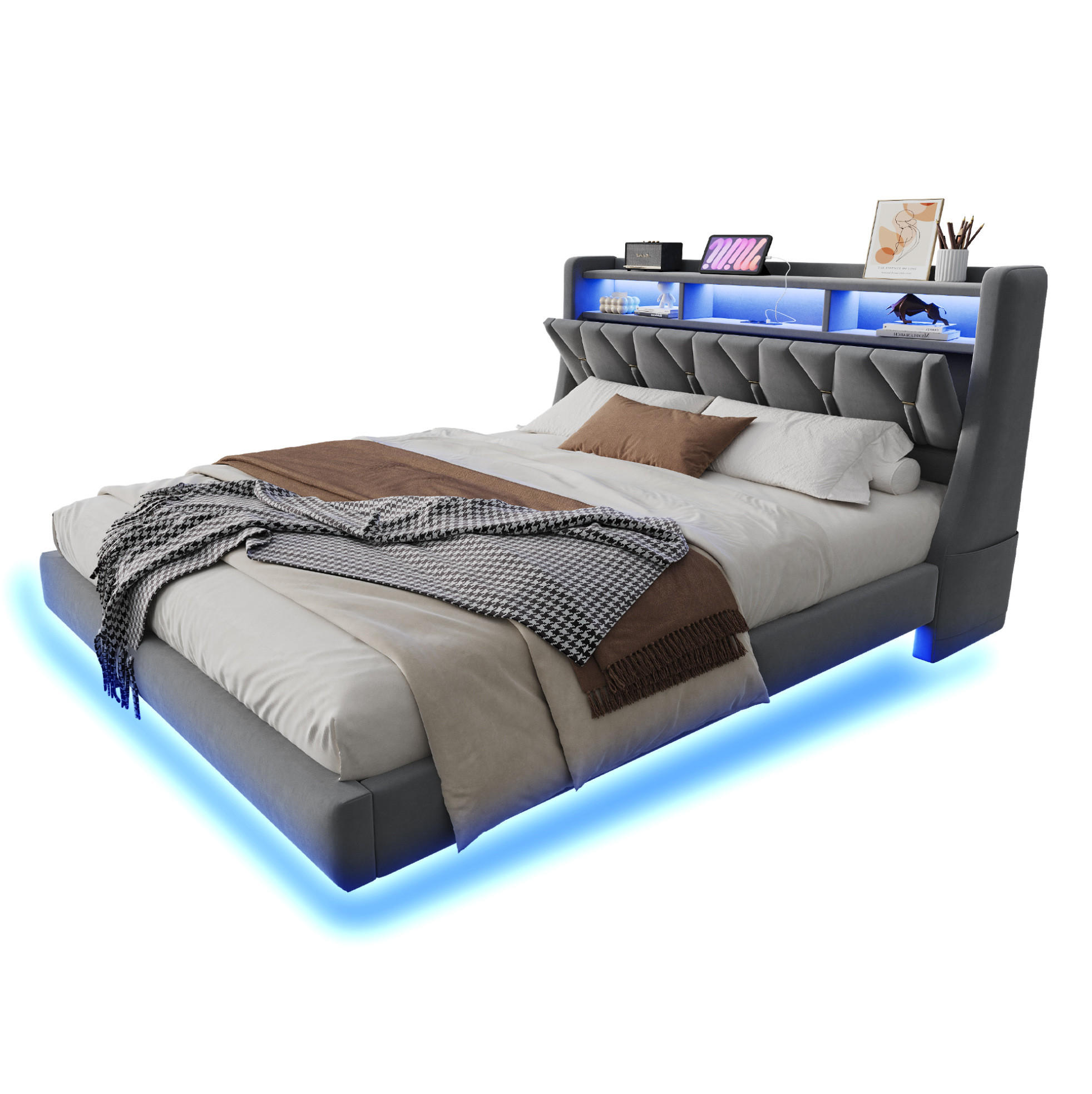 POLSTERBETT 180/200 cm mit LED, USB, Matratze, Typ-C, Steckdose und Stauraum-Kopfteil, Samt Grau - Grau, Holzwerkstoff (180/200cm) - Redom