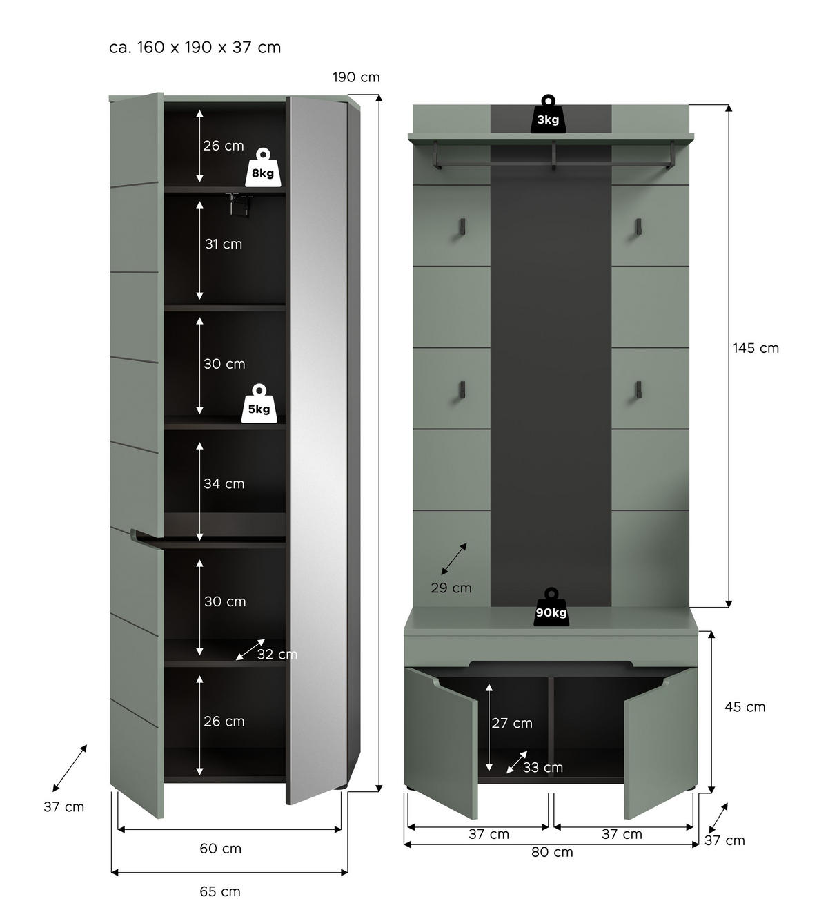 GARDEROBEN-SET CANU 3-tlg. (B/H/T: ca. 160/190/37 cm) in Basalt grau/Smoke Green - Grau, Holzwerkstoff (160/190/37cm)