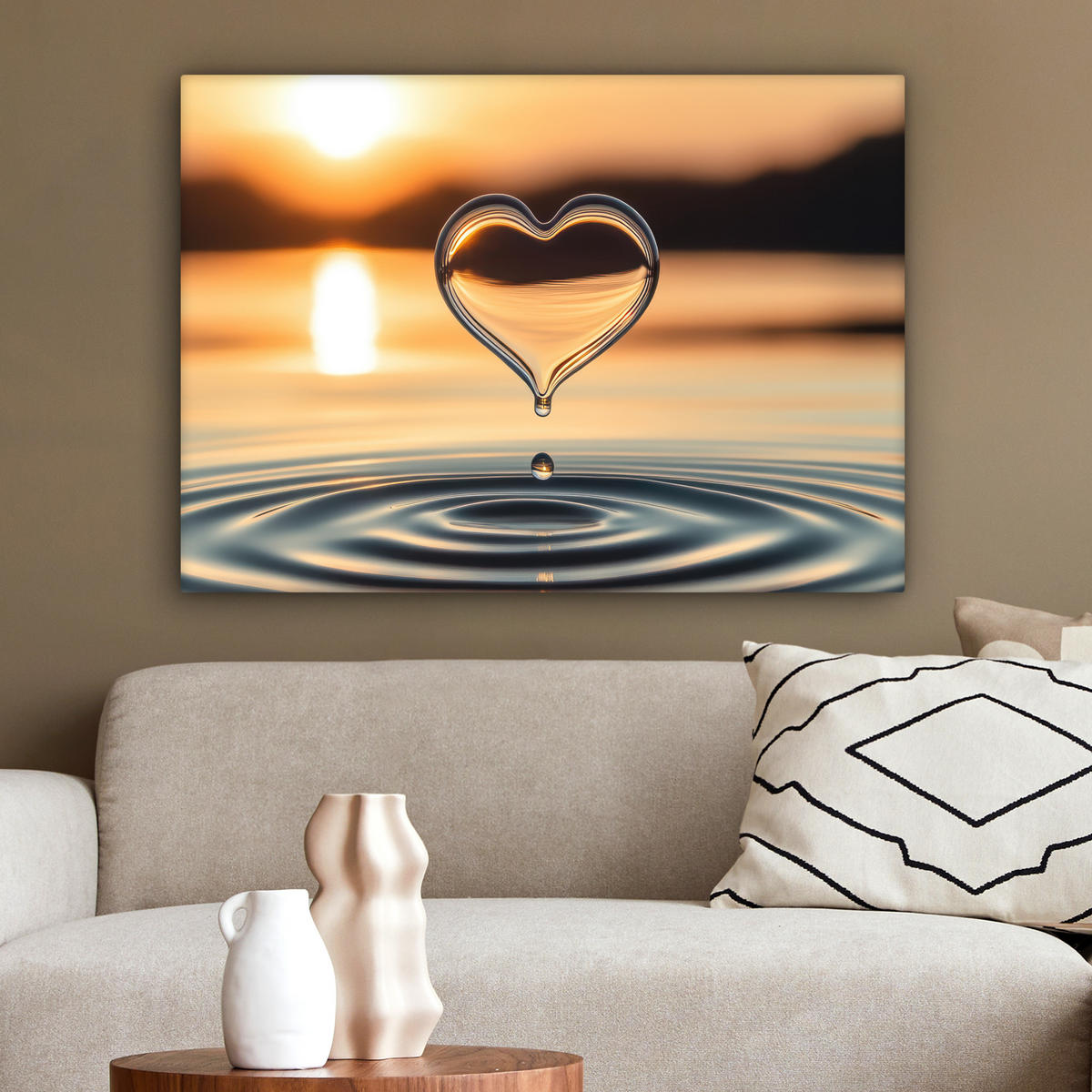 LEINWANDBILD - Herz - Wasser - Sonnenuntergang - Natur - Zen - 80x60 - Malerei - Bernsteinfarben, Textil (80/60cm) - MuchoWow