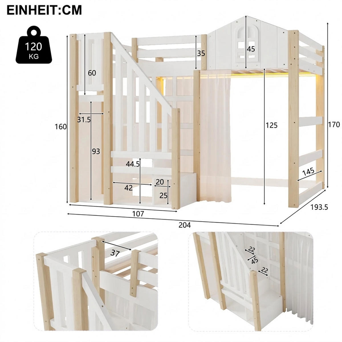 HOCHBETT 140/200 cm Weiß mit LED-Leuchten und Ablageleiter - Weiß, Holz (140/200cm) - Oxeza