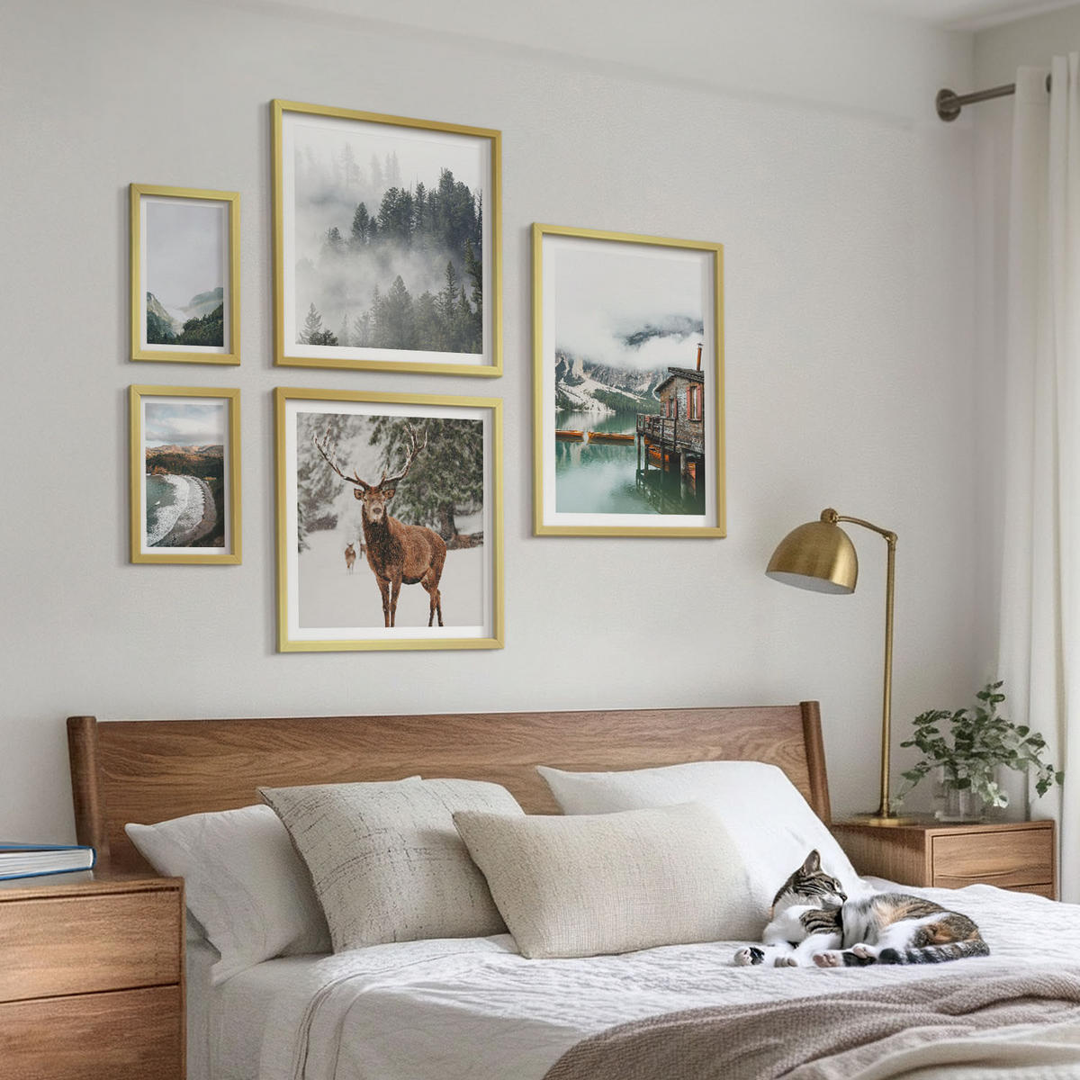 BILDER SET 5er Set - 50x50 cm & 20x30 cm & 40x60 cm Goldrahmen - Bergstrände Wolken Wasser - Goldfarben, Kunststoff (40/60cm) - TULUP