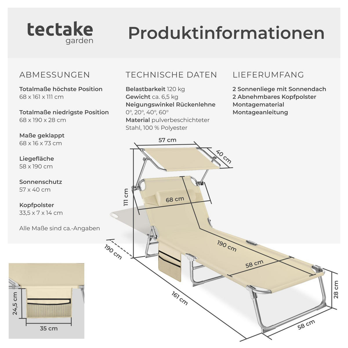 SONNENLIEGE 2er Set Chloé, 190 x 68 x 111 cm, mit Seitentasche, beige - Beige, Kunststoff (68/111/161cm) - tectake