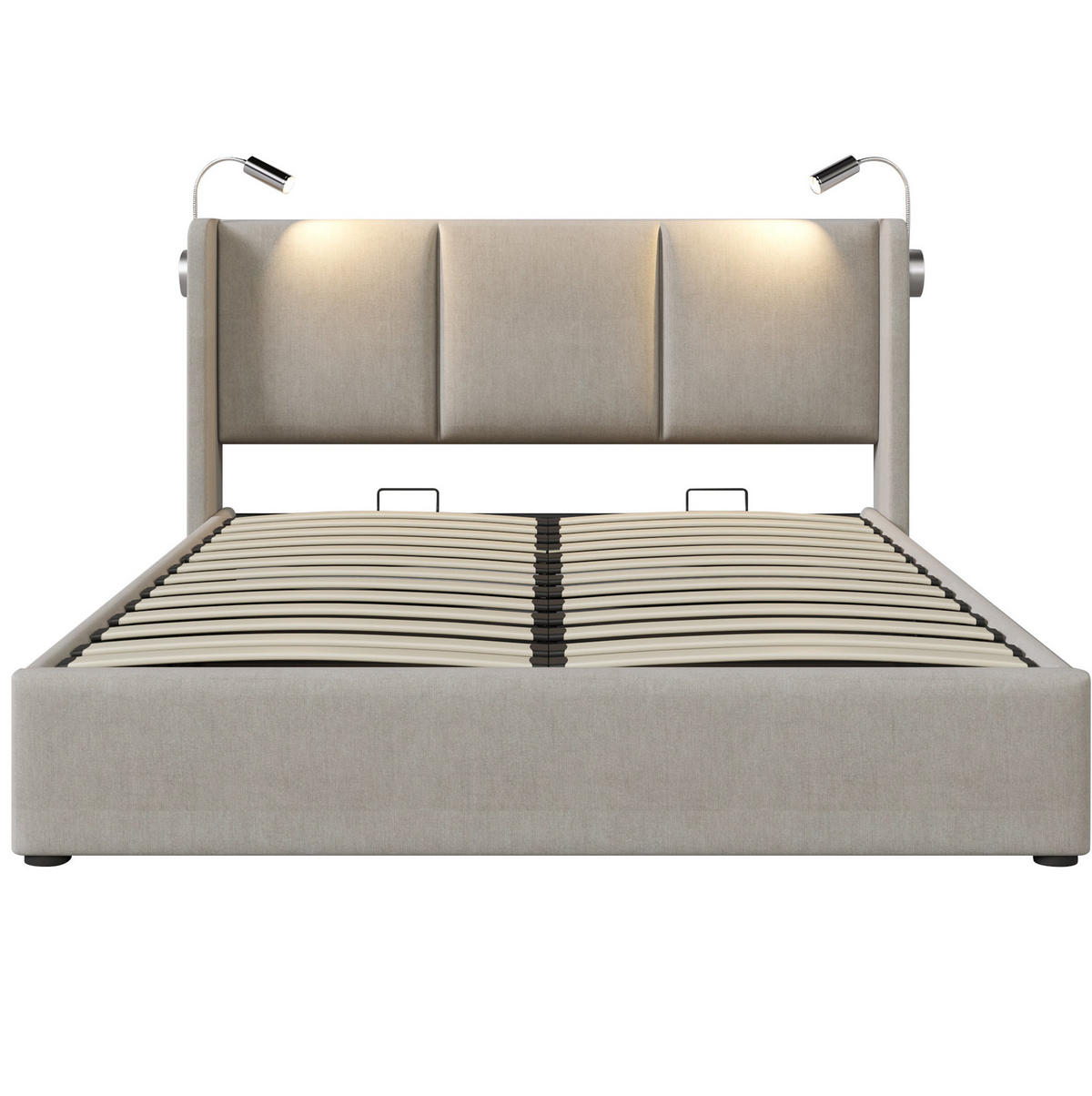 ČALOUNĚNÁ postel 140/200 cm z lnu béžová s LED čtením, USB a úložným prostorem - béžová, textil (140/200cm) - BEAOK