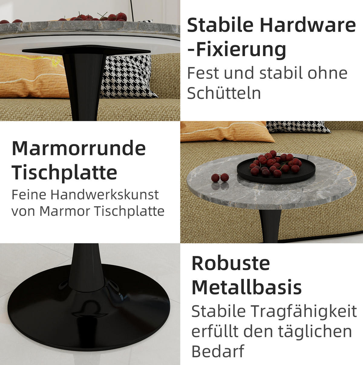 COUCHTISCH 70 cm aus Kunstmarmor in Schwarz/Grau–rund und vielseitig - Grau, Stein (70/70/72cm) - Flora Grace