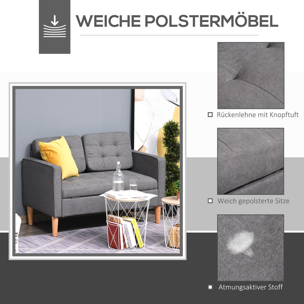 2-SITZER Sofa Stoffsofa Doppelsofa abnehmbar mit Kissen Gummiholz Baumwoll Grau - Naturfarben/Grau, Holz/Textil (62/78/117cm) - HOMCOM