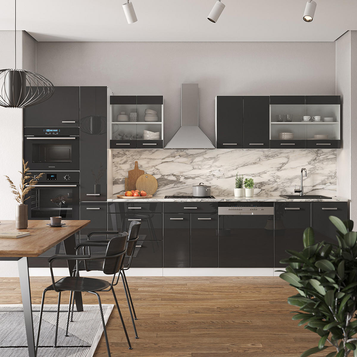 KÜCHENZEILE R-Line Anthrazit Hochglanz/Weiß 350 cm mit Hochschrank AP Marmor - Anthrazit/Weiß, Holzwerkstoff (350/81.6/60cm) - Vicco