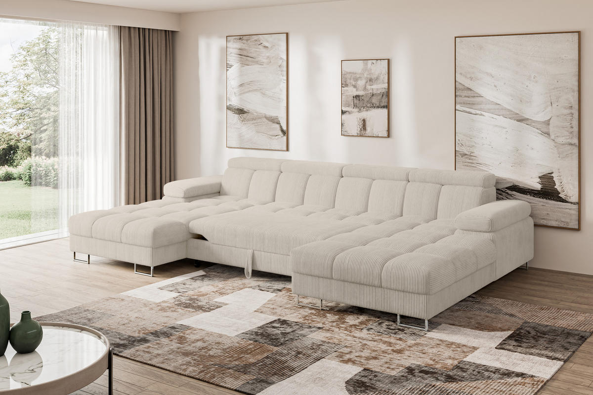 WOHNLANDSCHAFT mit Schlaffunktion und Bettkasten COMA U2 345x203x79 Beige Cord - Beige, Holzwerkstoff/Textil (345/79/203cm) - ALTDECOR