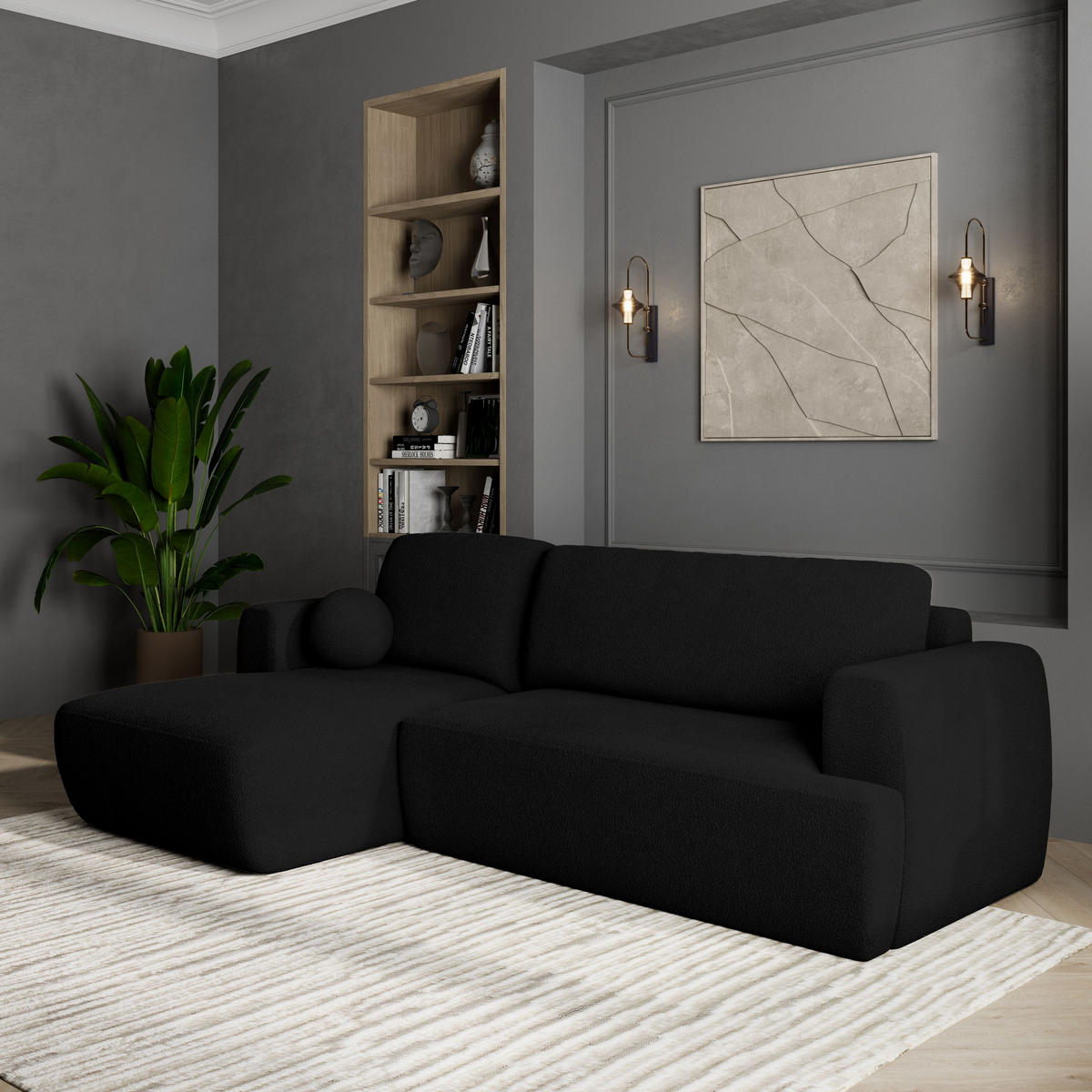 ECKSOFA SENTI N L-S Schwarz Boucle-Stoff mit Schlaffunktion - Schwarz, Holz (246/148cm) - MASSENO