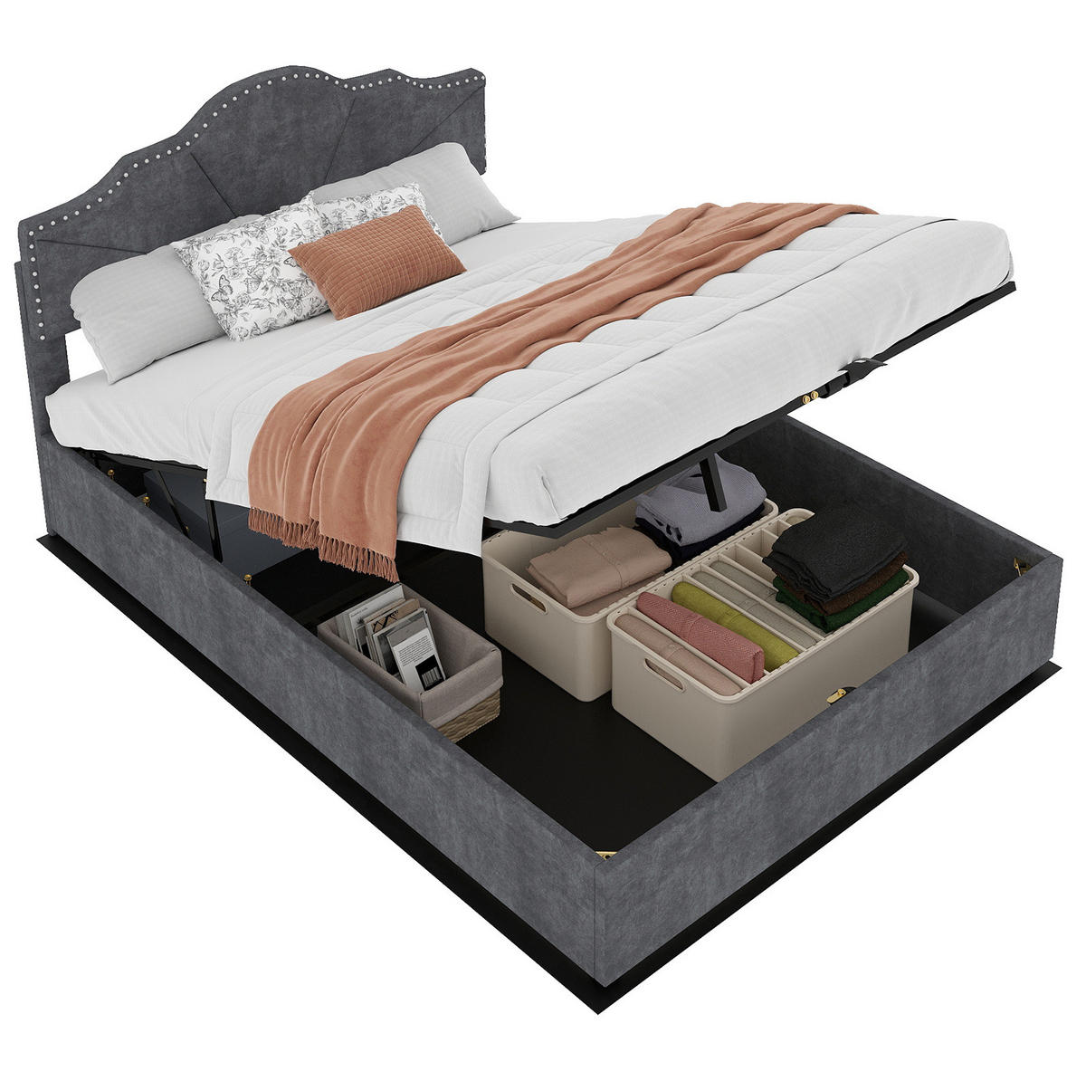 POLSTERBETT 160/200 cm grau aus Stoff und Metall mit Bettkasten - Grau, Textil (160/200cm) - OKWISH