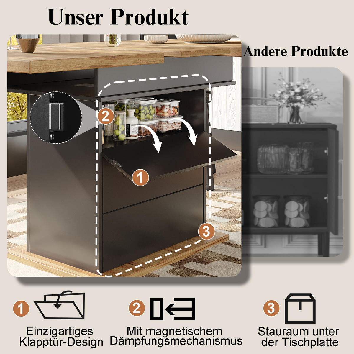 ESSTISCH Ausziehbarer aus MDF mit Stauraum, 110-140/80/75 cm, Schwarz - Schwarz, Holzwerkstoff (110/80/75cm) - Redom