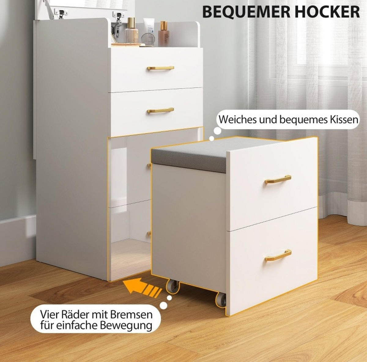 SCHMINKTISCH 48/40/90 cm 3-in-1 mit Spiegel, Schubladen und Rollhocker aus Holz, Weiß - Weiß, Holzwerkstoff (48/90/40cm) - Redom