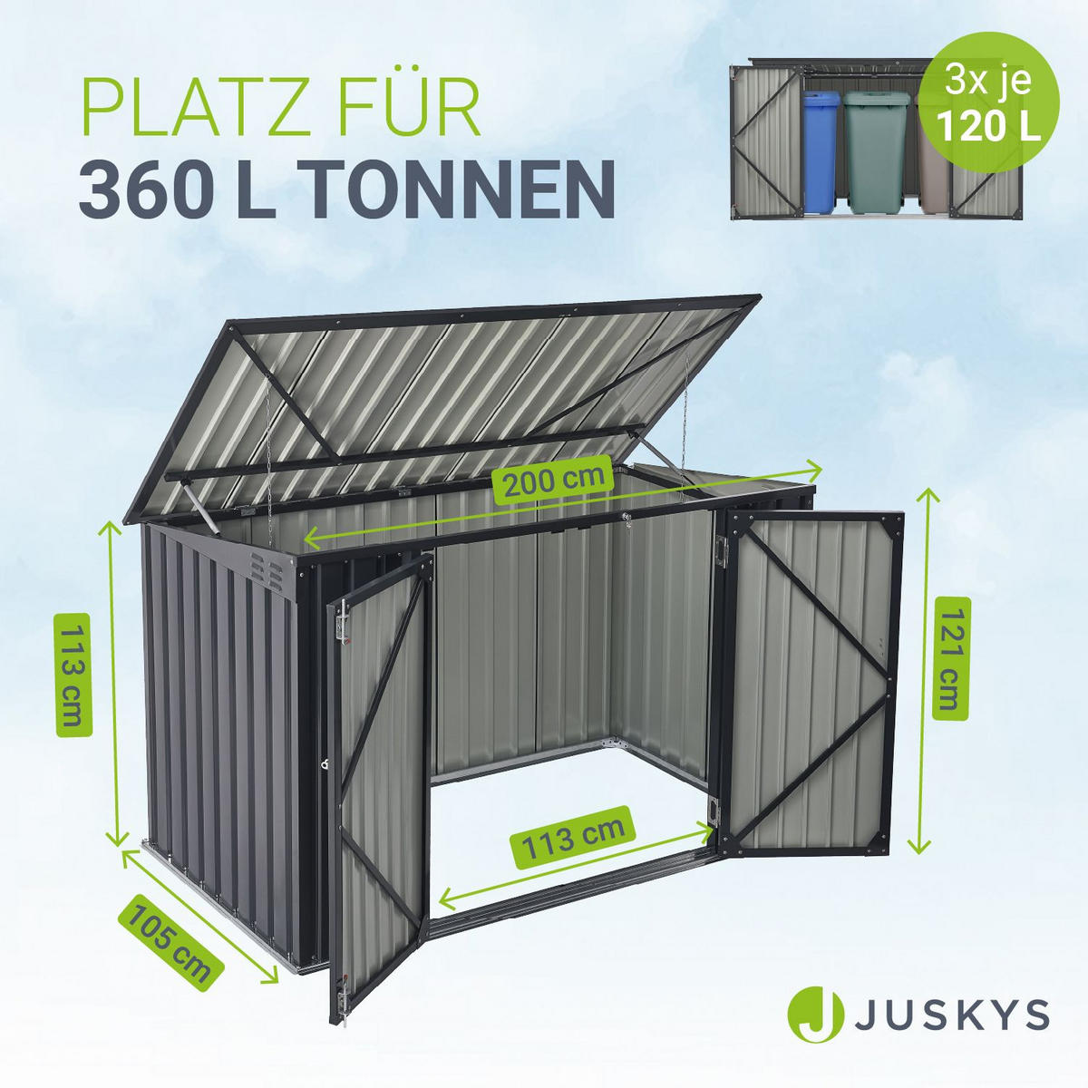 MÜLLTONNENBOX Namur Grau - Anthrazit, Metall (200/128/105cm) - Juskys